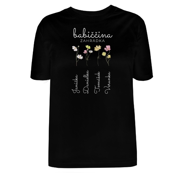 Babiččina zahrádka se jmény čtyř vnoučat bílý text