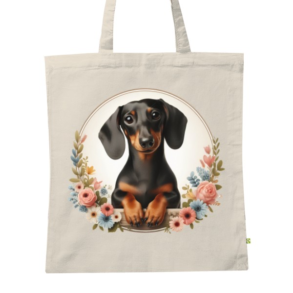 BIO plátěná taška s potiskem hladkosrtý jezevčík s kvetinami