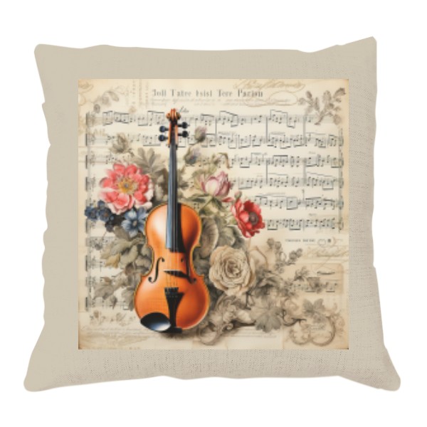 Polštář lněný vzhled s potiskem Housle, noty a květiny