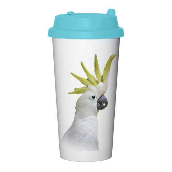 Cestovní nerezový hrnek s potiskem Kakadu žlutočečelatý