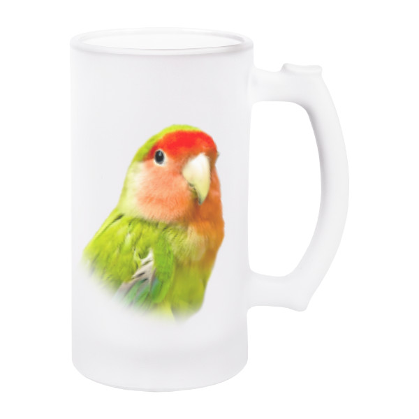 Korbel na pivo - matné sklo s potiskem Agapornis