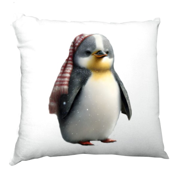 Polštář saténový s potiskem Tučňák s šálou