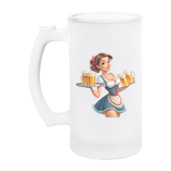 Korbel na pivo - matné sklo s potiskem Žena s pivem